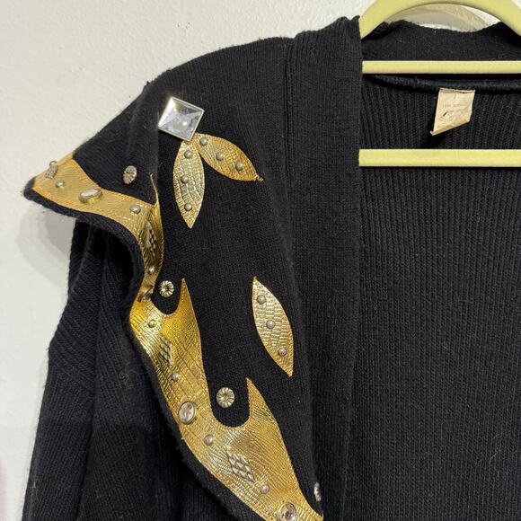 Black Long Line Gold Trim Open Front Vintage Cardigan Sz O/S - Picture 5 of 13